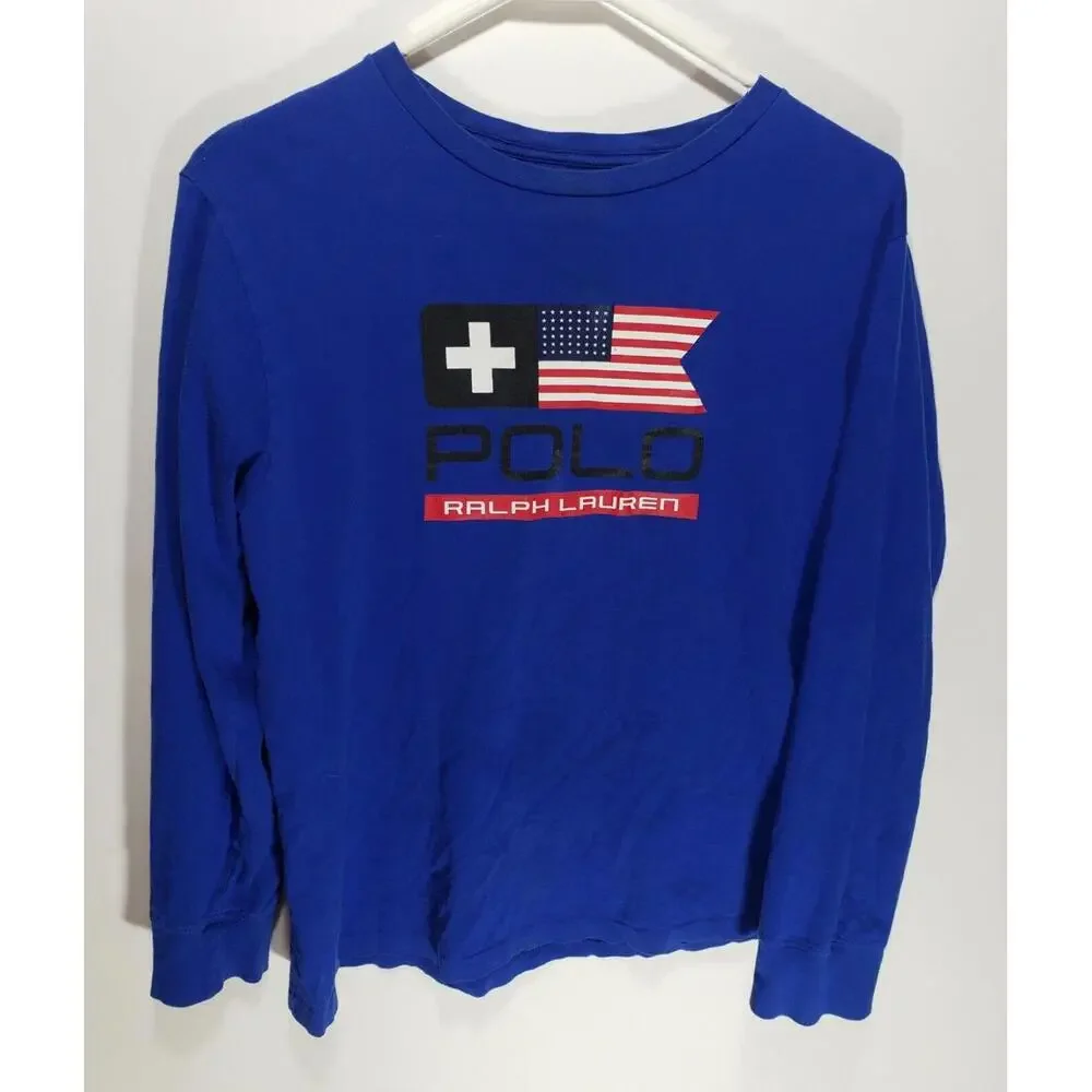 Youth Polo Ralph Lauren 100% Cotton Short Sleeve American Flag T-Shirt Sz‎ Large